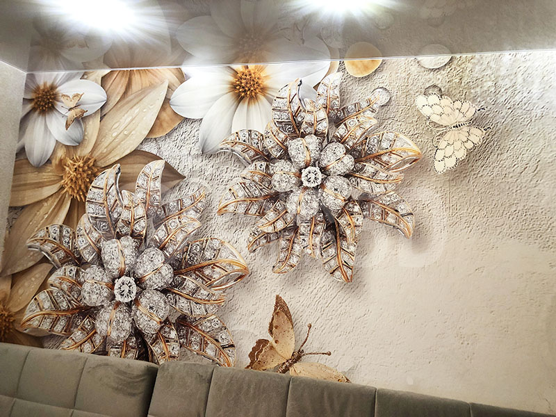  3D Фотообои «Объемные цветы со стразами и бабочками» 